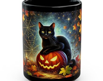 Halloween Mug, Black Cat Mug, Gift for Halloween Cat Lovers, Hunted Halloween House Mug, Halloween Gift, Spooky Moon Mug, Ghost Mug 15oz
