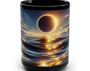 May include: Black ceramic mug with a colorful image of a solar eclipse reflected in the water. The eclipse is a ring of fire with a dark center.