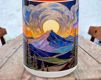Stained Glass Style Sunset Mountains Ceramic Coffee Mug, Pine Trees Cup 15oz