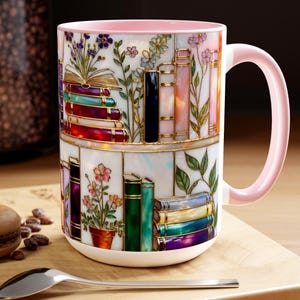 Stained-Glass Style Floral Bookshelf Mug, Book Lover Gift, Bookish Mug, Library Cup 15oz
