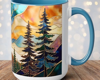 Stained Glass Style Mountain Mug, Forest Landscape Coffee Mug, Nature Lover Gift, Outdoor Adventure Mug, Father's Day Gift 15oz