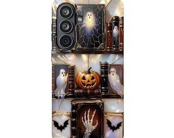Ghost Bookshelf Phone Case, Stained Glass Halloween Tough Case, Cute Ghost & Pumpkin Book Lover Gift, iPhone Samsung phone case