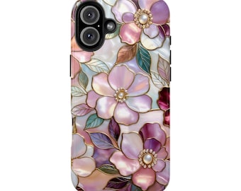 Floral Phone Case Stained Glass Style, Pink Aesthetic iPhone Samsung Case, Cute Flower Case, Romantic Phone Cover, Gift for Her