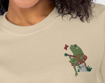 Embroidered Frog Sweatshirt, Comfy Frog Sweatshirt, Vintage Style Cottage Core Sweatshirt, Cozy Embroidered Sweater, Unisex Sweatshirt