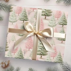 Pink Christmas Tree Wrapping Paper, Pastel Holiday Gift Wrap, Vintage Christmas Present Gift Wrap, Winter Wrapping Paper Wrapping Paper Roll