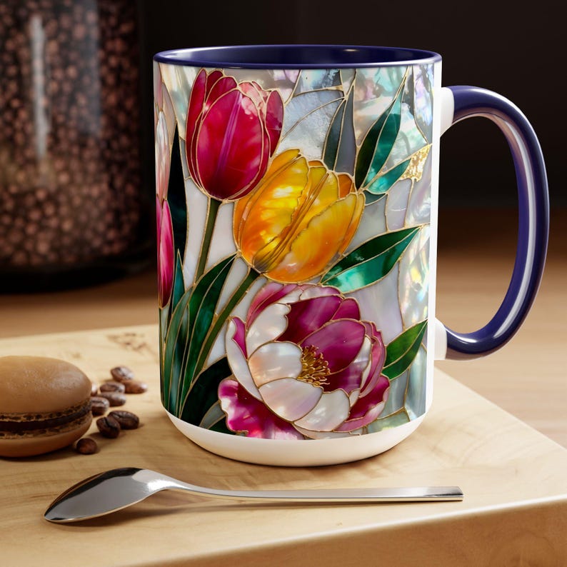 Tulips Mug Stained Glass Style, Floral Coffee Cup, Spring Flower Mug, Colorful Tulip Gift for Her, Mom, Teacher, Art Lover, 15oz immagine 7