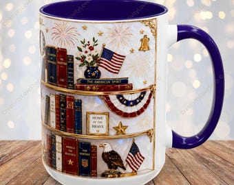 America 250 Mug, Patriotic Bookshelf Coffee Mug, 1776 2026 USA Anniversary Gift, Fourth of July Cup