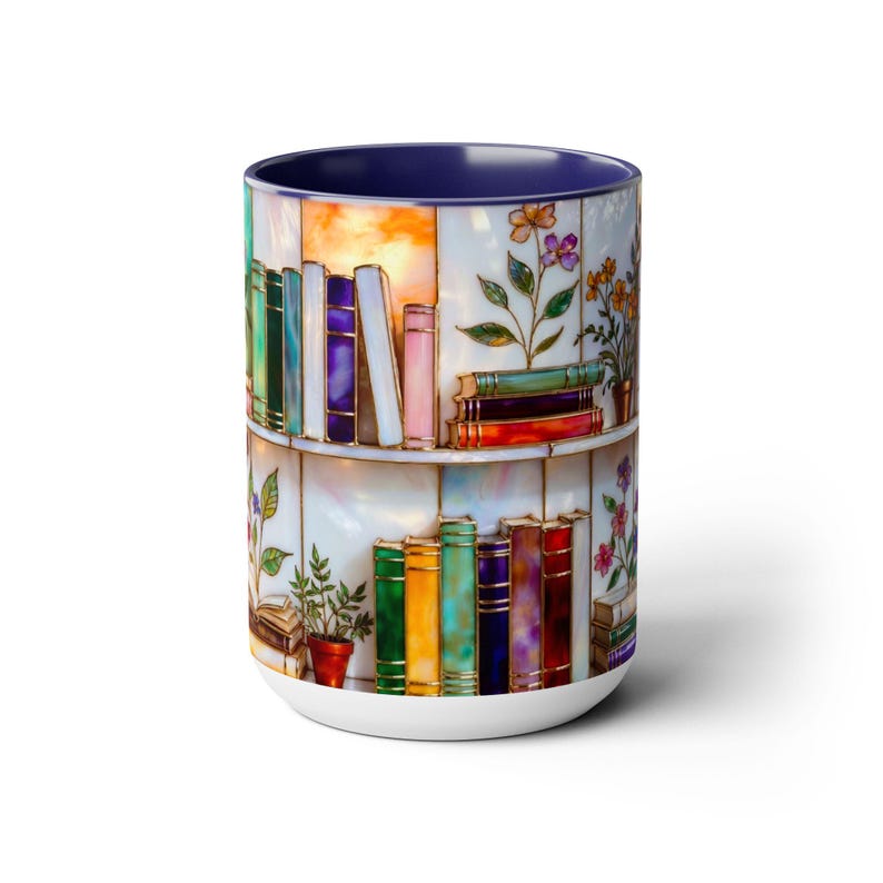 Floral Bookshelf Coffee Mug, Book Lover Gift, Bookish Stained-Glass Style Mug, Library Aesthetic Cup 15oz image 15