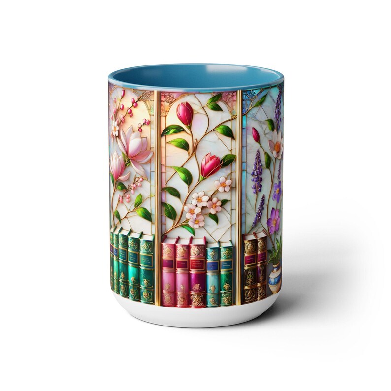 Floral Bookshelf Coffee Mug, Bookish Faux Stained-Glass Mug, Book Lover Gift, Reading Mug for Women, Library Floral Cup 15oz image 18