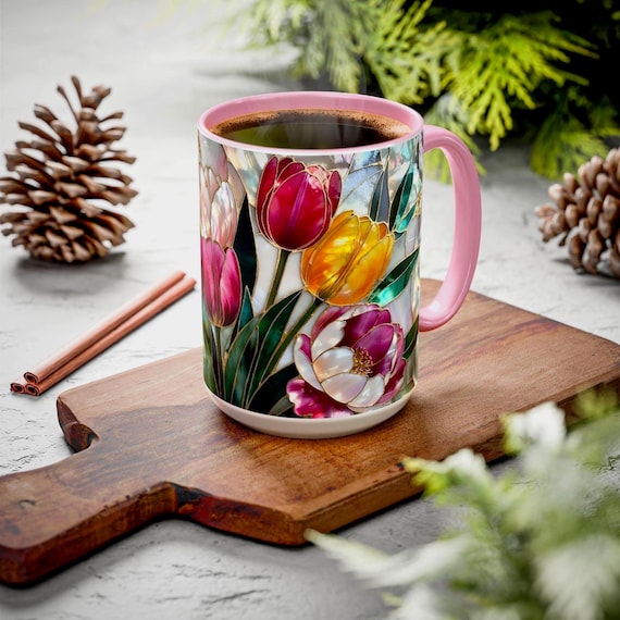 Tulips Mug Stained Glass Style, Floral Coffee Cup, Spring Flower Mug, Colorful Tulip Gift for Her, Mom, Teacher, Art Lover, 15oz