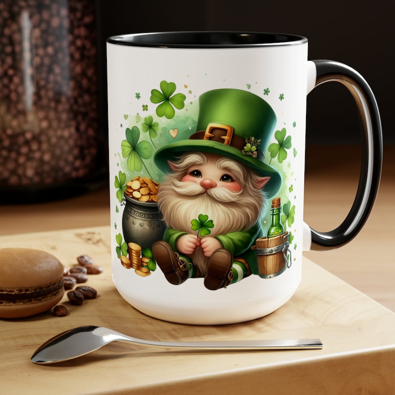 St. Patrick's Day Mug, Leprechaun Gnome Mug, Funny Irish Coffee Cup, Garden Gnome, Shamrock Clover, Saint Patrick's Day Holiday Gift 15oz Black