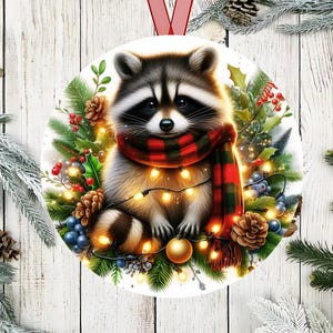 Raccoon Christmas Lights Ornament, Raccoon Ornament, Raccoon Christmas Tree Ornament, Round Holiday Raccoon Ornament Gift, Funny Raccoon