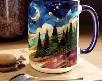 Stained Glass Style Mountain Coffee Mug, Watercolor Mountain Outdoor Mug, Ceramic Mountain Mug, Mountain Gifts, Popular Mugs, Moon Mug 15oz