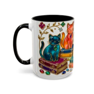 Stained Glass Style Cats Mug, Bookish Cat Art Mug, Jewel Tone Fantasy Cats Cup, Book Lover Mug 15oz image 12