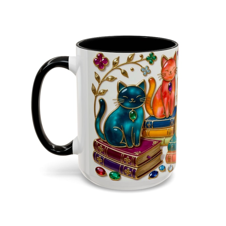 Stained Glass Style Cats Mug, Bookish Cat Art Mug, Jewel Tone Fantasy Cats Cup, Book Lover Mug 15oz image 12