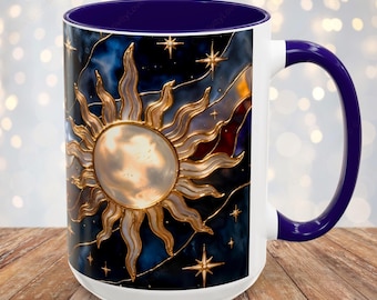 Celestial Sun Moon Mug, Stained Glass Style Coffee Mug, Moon & Sun Mug, Witchy Gift Mug, Astrology Mug, Dark Academia Cup, Gothic Cup