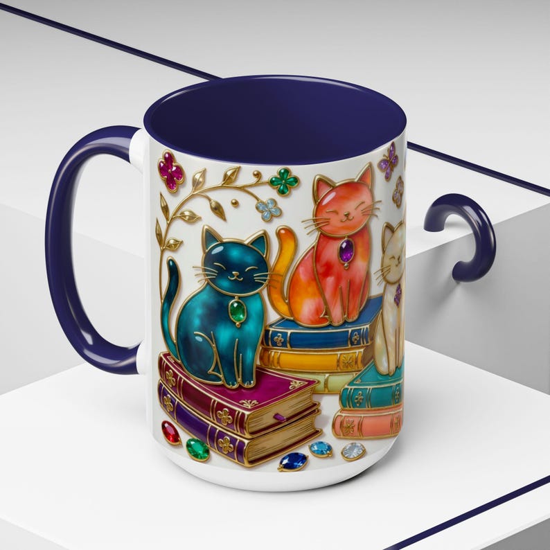 Stained Glass Style Cats Mug, Bookish Cat Art Mug, Jewel Tone Fantasy Cats Cup, Book Lover Mug 15oz image 16