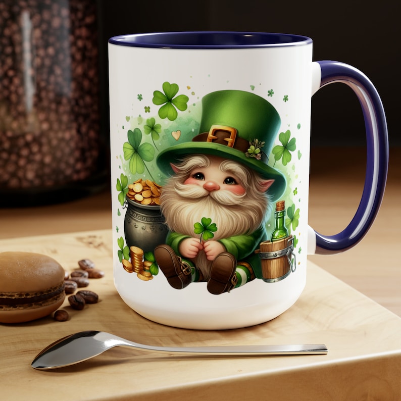 St. Patrick's Day Mug, Leprechaun Gnome Mug, Funny Irish Coffee Cup, Garden Gnome, Shamrock Clover, Saint Patrick's Day Holiday Gift 15oz Blue