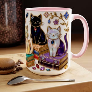 May include: White ceramic mug with a pink interior and handle, featuring colorful cat illustrations sitting on books. The cats are black, white, and yellow, adorned with jewels. Decorative floral accents and gemstones add to the design.