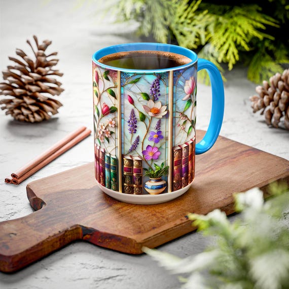 Floral Bookshelf Coffee Mug, Bookish Faux Stained-Glass Mug, Book Lover Gift, Reading Mug for Women, Library Floral Cup 15oz