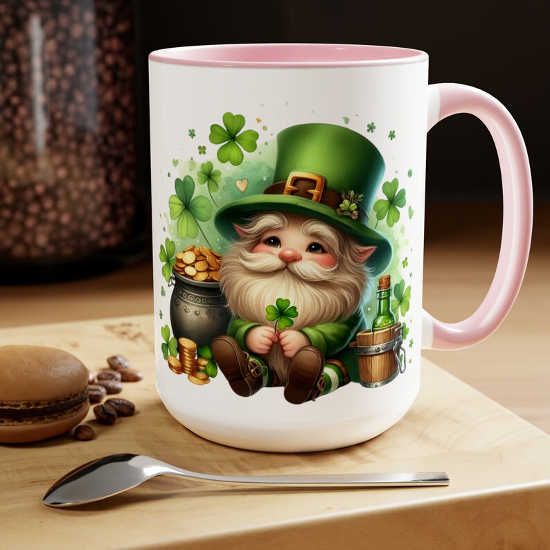 St. Patrick's Day Mug, Leprechaun Gnome Mug, Funny Irish Coffee Cup, Garden Gnome, Shamrock Clover, Saint Patrick's Day Holiday Gift 15oz Pink