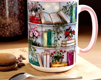 Stained Glass Style Bookshelf Mug, Colorful Floral Book Mug, Book Lover Gift. Elegant Reading Mug