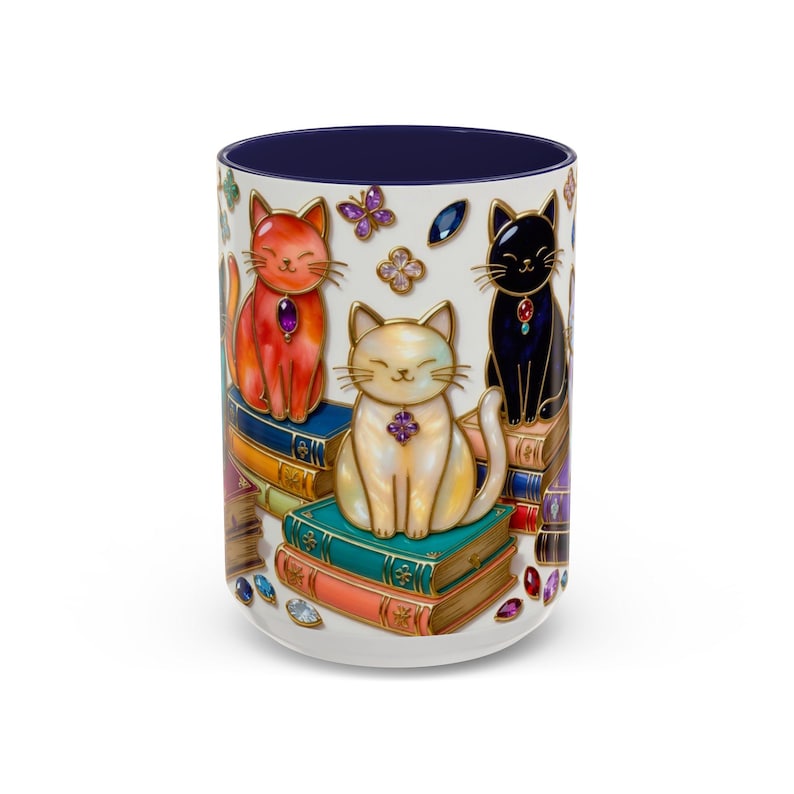 Stained Glass Style Cats Mug, Bookish Cat Art Mug, Jewel Tone Fantasy Cats Cup, Book Lover Mug 15oz image 13