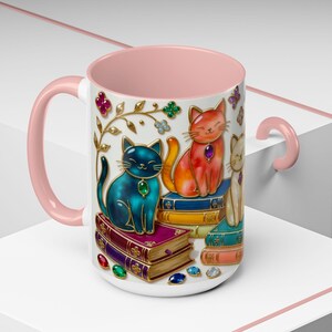 Stained Glass Style Cats Mug, Bookish Cat Art Mug, Jewel Tone Fantasy Cats Cup, Book Lover Mug 15oz image 18