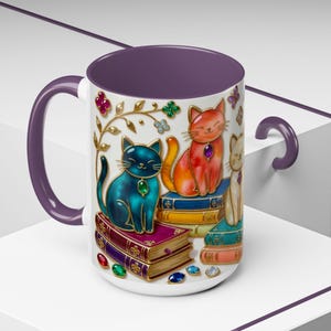 Stained Glass Style Cats Mug, Bookish Cat Art Mug, Jewel Tone Fantasy Cats Cup, Book Lover Mug 15oz image 10
