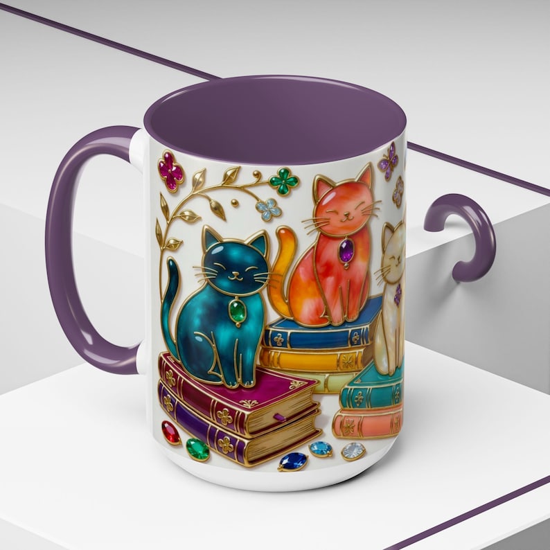 Stained Glass Style Cats Mug, Bookish Cat Art Mug, Jewel Tone Fantasy Cats Cup, Book Lover Mug 15oz image 10