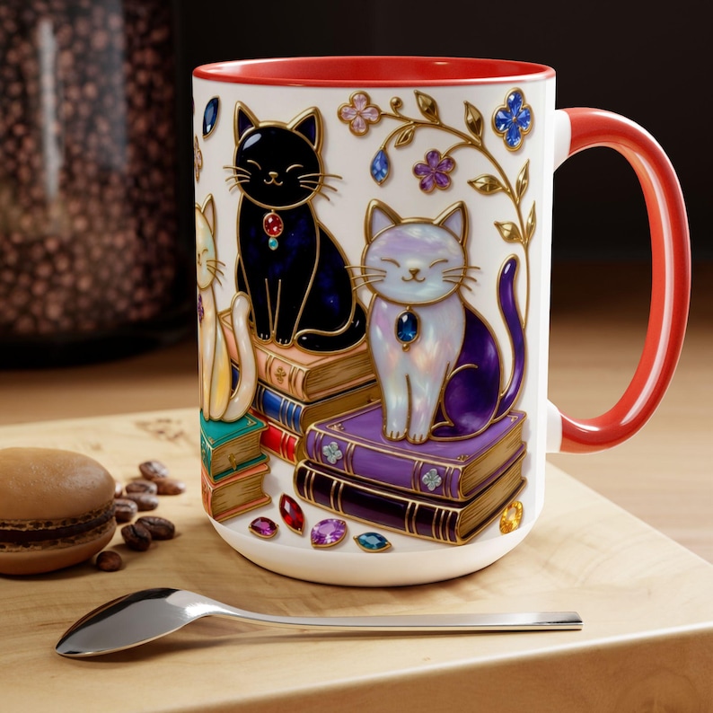 May include: White ceramic mug with a red interior and handle, featuring three cat illustrations sitting on books. The cats are black, white, and yellow, adorned with jewels. Floral and jewel accents decorate the mug's exterior.