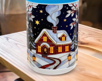 Stained Glass Style Christmas Cottage Mug, Cozy Winter Cabin Scene, Snowy Holiday Night Art, Festive Gift Mug 15oz