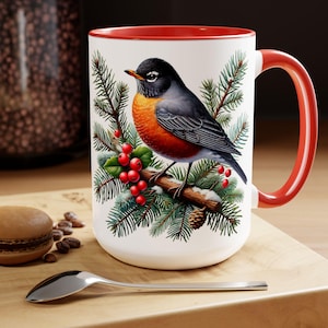 Robin Mug, Bird Lover Gift, Bird Watcher Cup, Gift for Bird Enthusiast Bird Coffee Mug, Bird Winter Mug, Christmas Bird Mug Robin Gifts 15oz