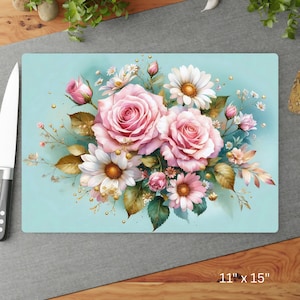 Glass Cutting Board, Pink Roses Tempered Glass Chopping Board, Cheese and Charcuterie Glass Cutting Board, Elegant Kitchen Decor Gift Idea