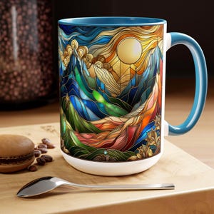 Stained Glass Mountain Range Coffee Mug, Watercolor Mountain Sunset Outdoor Mug Ceramic Mountain Mug, Mountain Gifts, Popular Mugs 15oz
