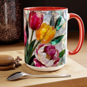 Tulips Mug Stained Glass Style, Floral Coffee Cup, Spring Flower Mug, Colorful Tulip Gift for Her, Mom, Teacher, Art Lover, 15oz immagine 6