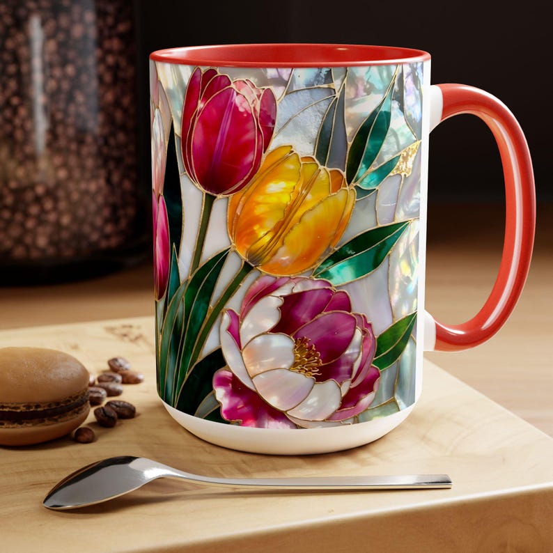 Tulips Mug Stained Glass Style, Floral Coffee Cup, Spring Flower Mug, Colorful Tulip Gift for Her, Mom, Teacher, Art Lover, 15oz immagine 6