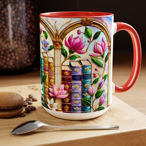 Floral Bookshelf Coffee Mug, Bookish Faux Stained-Glass Mug, Book Lover Gift, Reading Mug for Women, Library Aesthetic Cup 15oz image 5