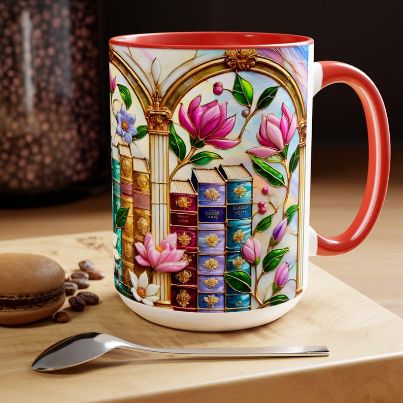 Floral Bookshelf Coffee Mug, Bookish Faux Stained-Glass Mug, Book Lover Gift, Reading Mug for Women, Library Aesthetic Cup 15oz image 5