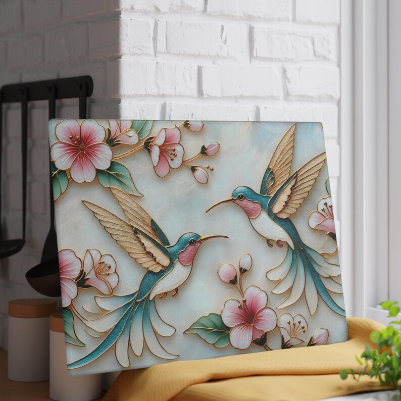 Tábua de corte de vidro em formato de beija-flor, tábua de vidro temperado com estampa floral, decoração de cozinha com efeito vitral, presente para chefs, presente de casamento e anfitriã imagem 10