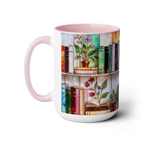 Floral Bookshelf Coffee Mug, Book Lover Gift, Bookish Stained-Glass Style Mug, Library Aesthetic Cup 15oz image 17