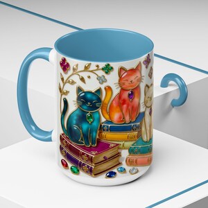 Stained Glass Style Cats Mug, Bookish Cat Art Mug, Jewel Tone Fantasy Cats Cup, Book Lover Mug 15oz image 19