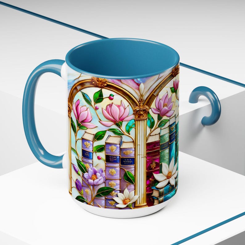 Floral Bookshelf Coffee Mug, Bookish Faux Stained-Glass Mug, Book Lover Gift, Reading Mug for Women, Library Aesthetic Cup 15oz image 13