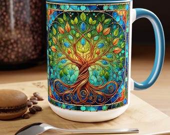 Stained Glass Style Tree Of Life Mug, Gift For Nature Lovers, Nature Inspired Coffee Mug Tree Of Life Mug, Boho Trees Cup Spiritual Mug 15oz