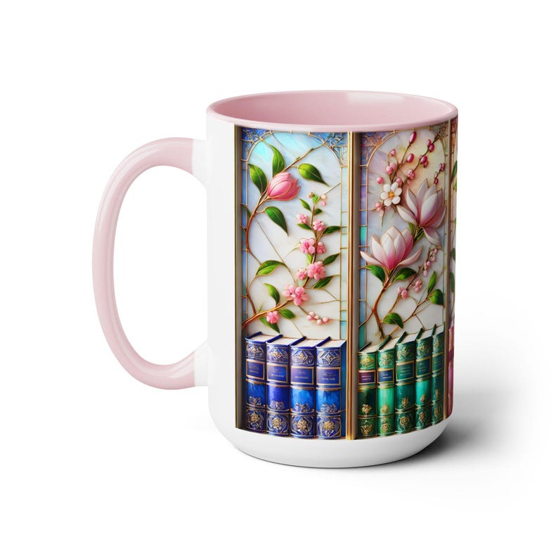 Floral Bookshelf Coffee Mug, Bookish Faux Stained-Glass Mug, Book Lover Gift, Reading Mug for Women, Library Floral Cup 15oz image 14