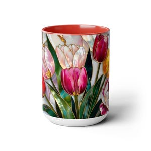Tulips Mug Stained Glass Style, Floral Coffee Cup, Spring Flower Mug, Colorful Tulip Gift for Her, Mom, Teacher, Art Lover, 15oz immagine 11