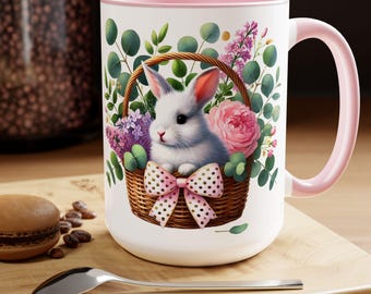 Bunny Mug, Floral Rabbit Mug, Mug for Rabits Lovers, Wildflower Bunny Cup, Bunny Lover Gift, Bunny Mom Gift Botanical Rabbit Coffee Mug 15oz