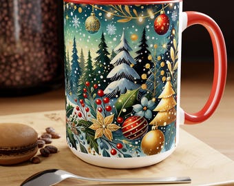 Tasse de Noël festive - Tasse à café en céramique de style vintage 15 oz avec motif forêt des Fêtes - Cadeau de décoration de cuisine classique, tasse à café de Noël