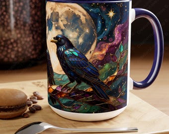 Stained Glass Style Raven Mug, Gothic Raven Coffee Cup, Celestial Crow Mug, Moon Phase Mug, Witchy Gift Gothic Decor, Bird Lover Mug 11/15oz