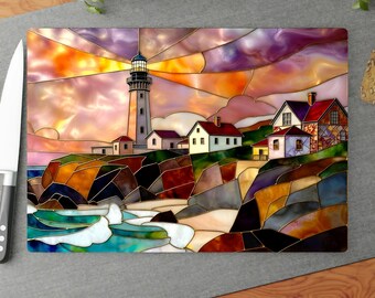 Stained Glass Style Lighthouse Glass Cutting Board, Coastal Ocean Sunset Kitchen Decor, Nautical Tempered Glass Art, Beach House Gift
